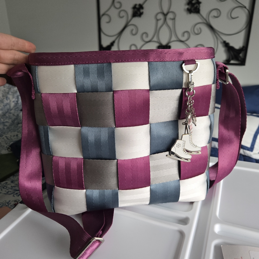 Harveys Woven Ribbon Checker Crossbody in Pink, Blue and Cream